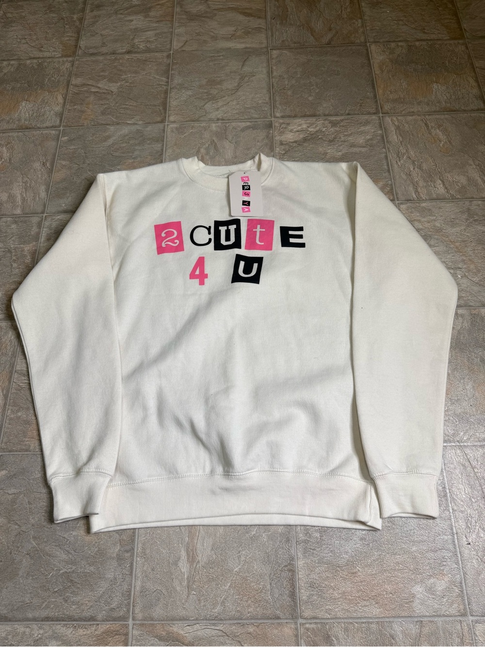 Persaya White Crewneck Sweatshirt with Pink & Black '2 Cute 4 U' Graphic